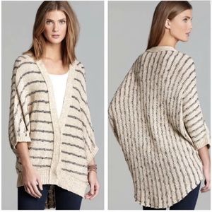 Free People Sweater Medium Tan & Blue Striped Snap Rabbit in The Moon Cardigan